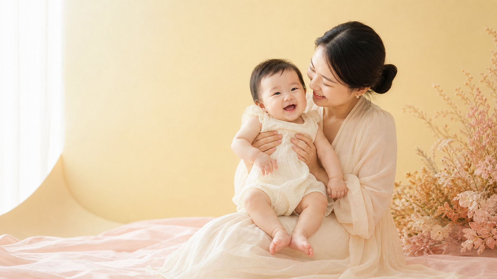 버터 옐로 스튜디오에서 아기를 안고 웃는 엄마의 합성 촬영 이미지